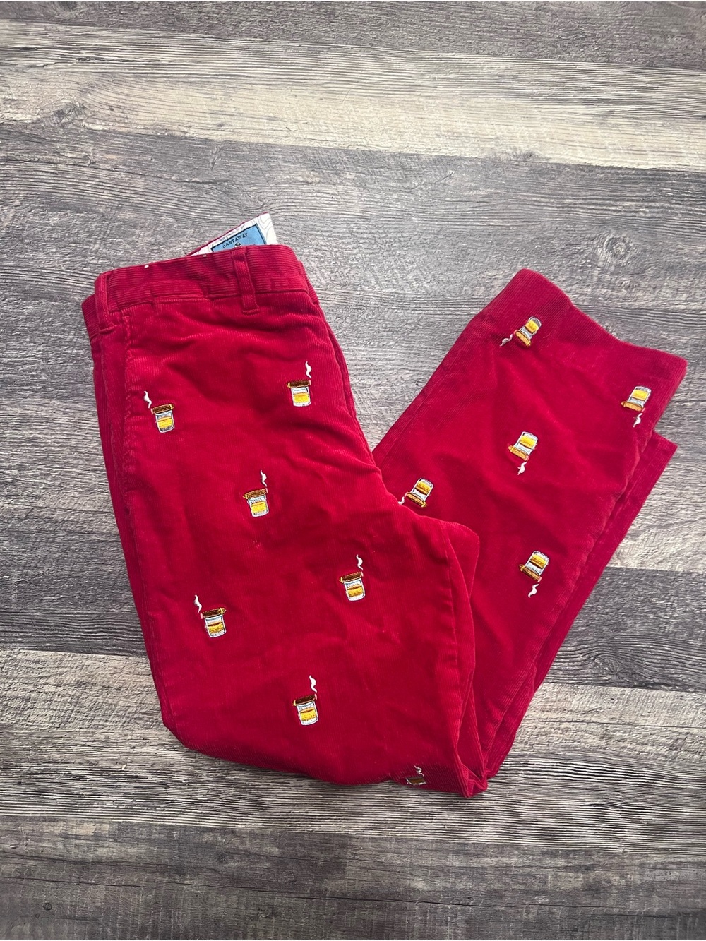 Castaway Beachcomber Red Corduroy Pants with Embroidered Whiskey & Cigar Motifs
